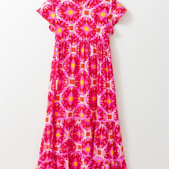 Strawberry Pink Geo Print V-neck Maxi Dress Bohemian Long Dress - Picture 10 of 12